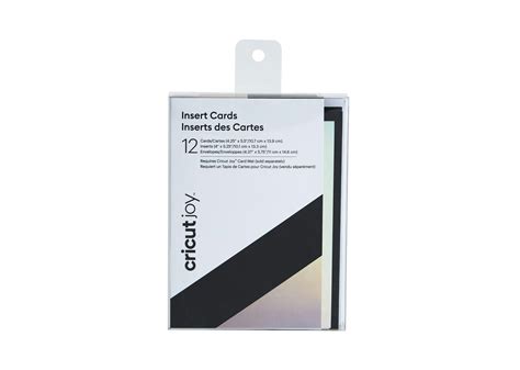Cricut Joy Insert Cards 12-pack (Black/Holo); Dimensions: Cards 4.25 in x 5.5 in (10.8 cm x 14 cm), Inserts 4 in x 5.25 in (10.2 cm x 13.3 cm), Envelopes 4.4 in x 5.75 in (11.1 cm x 14.6 cm); Create vibrant two-tone greeting cards without the mess or hassle of glue; Easy to cut with specialized Cricut Joy™ Card Mat (sold separately); For Cricut Joy™